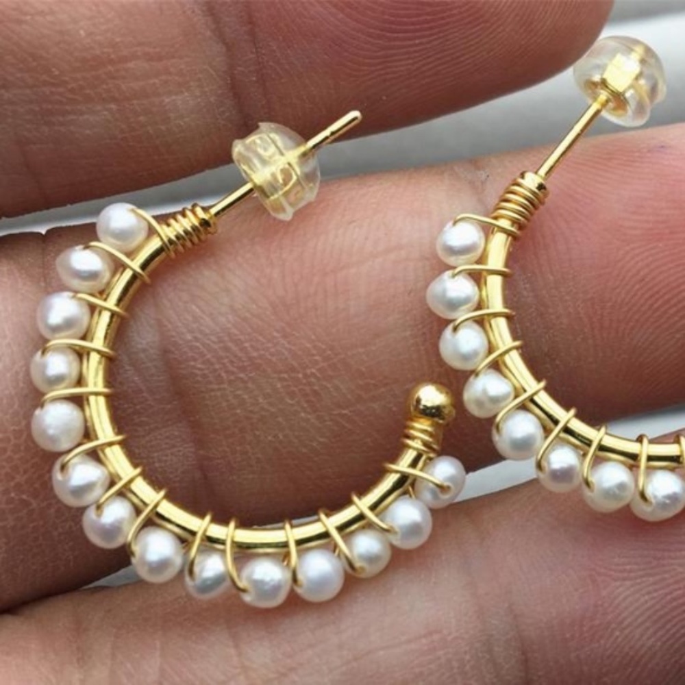 REAL Cultured White Pearl 14K Gold Plated Hoops - 1 inch by 1 inch